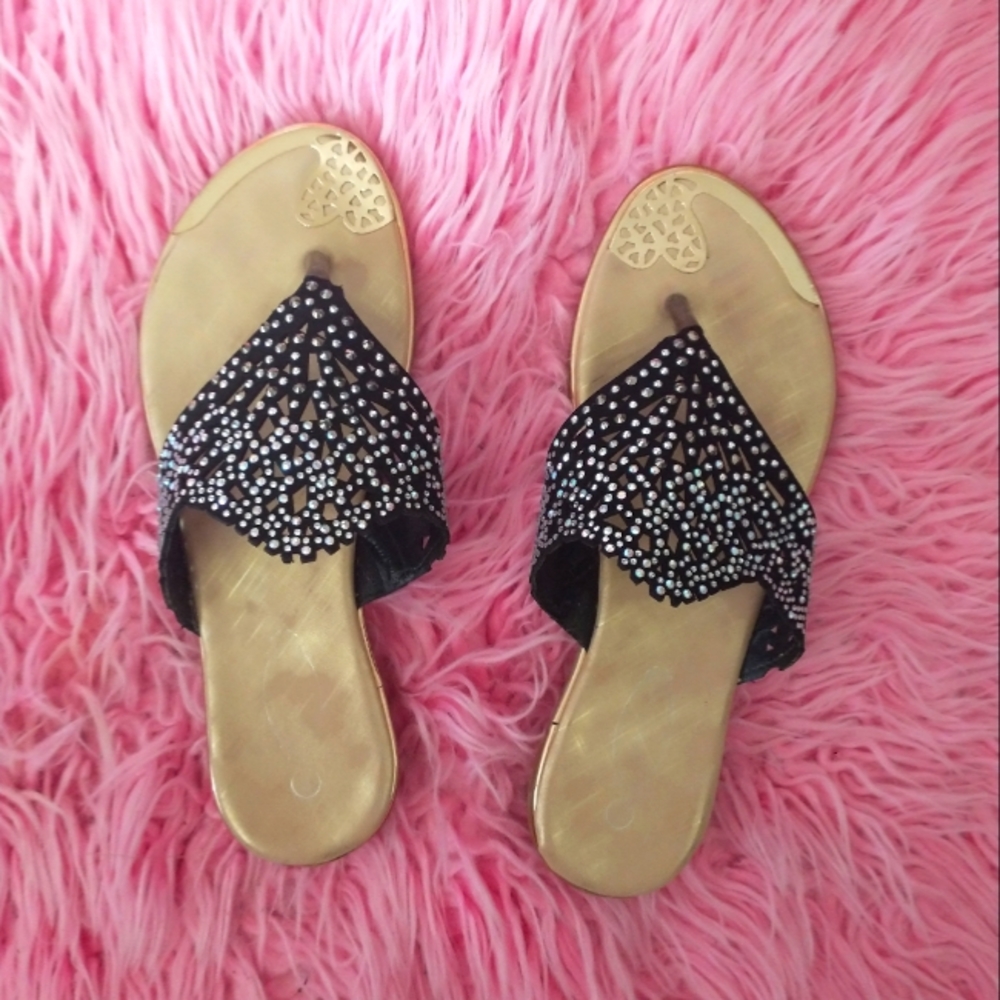 New Size 8 Women's Jewel Thong Sandals/Slides - Gold, Black